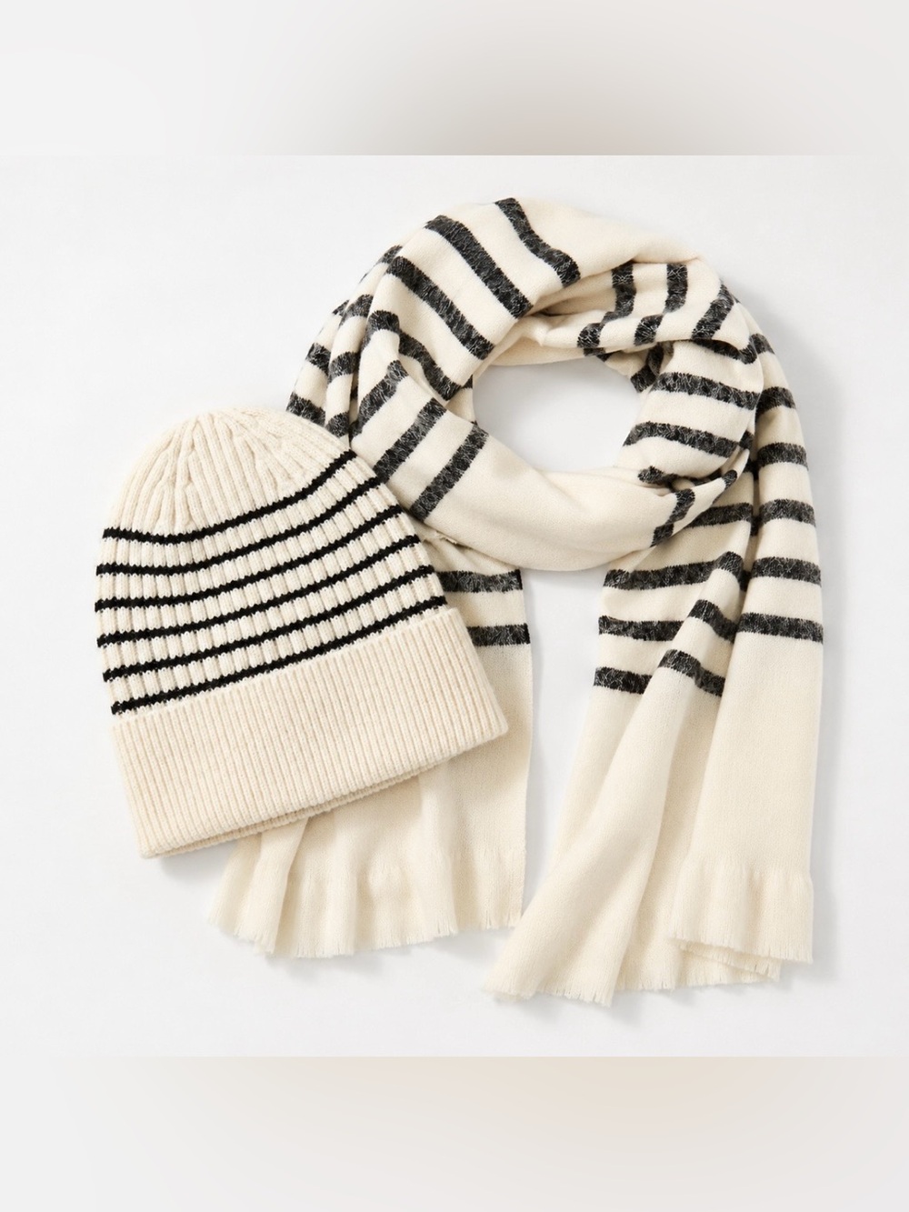 La Ligne Cream and Black Striped Scarf and Beanie Set